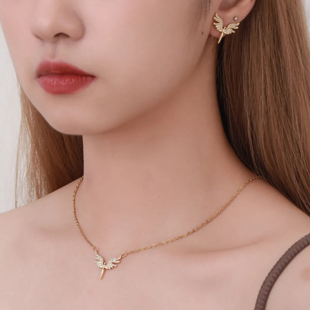 Ion Plating (IP) Angel Wings 304 Stainless Steel Classic Style Waterproof Non Tarnish Jewelry Set