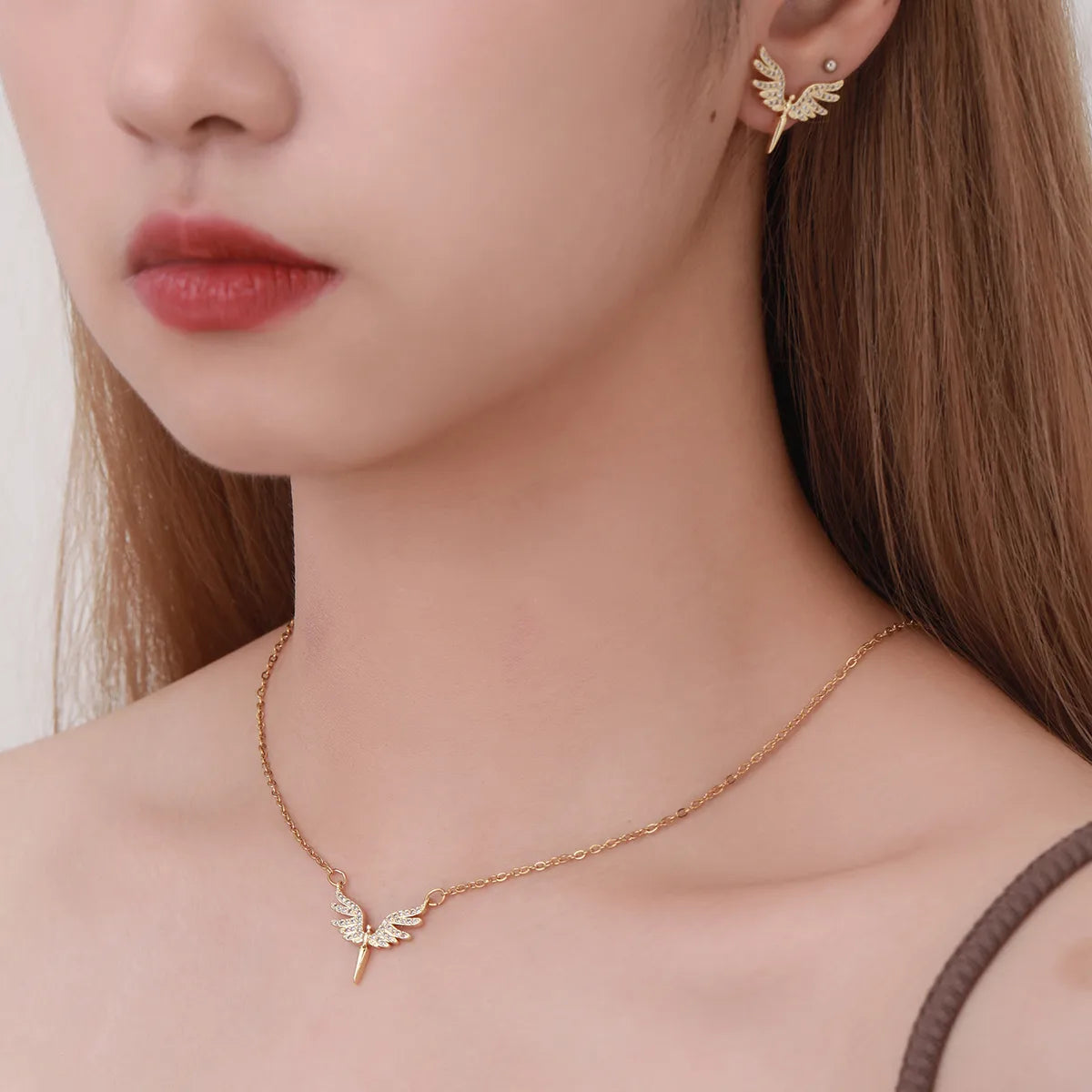 Ion Plating (IP) Angel Wings 304 Stainless Steel Classic Style Waterproof Non Tarnish Jewelry Set