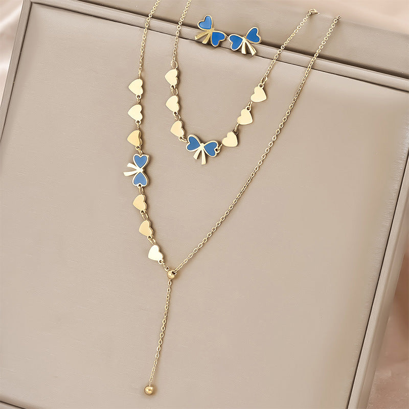 Real Gold Plated Heart Shape Bow Knot Titanium Steel Sweet IG Style Waterproof Non Tarnish Jewelry Set