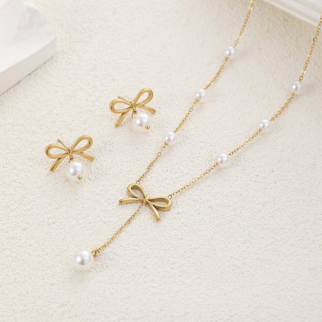Ion Plating (IP) Bow Knot 304 Stainless Steel Classic Style Waterproof Non Tarnish Jewelry Set
