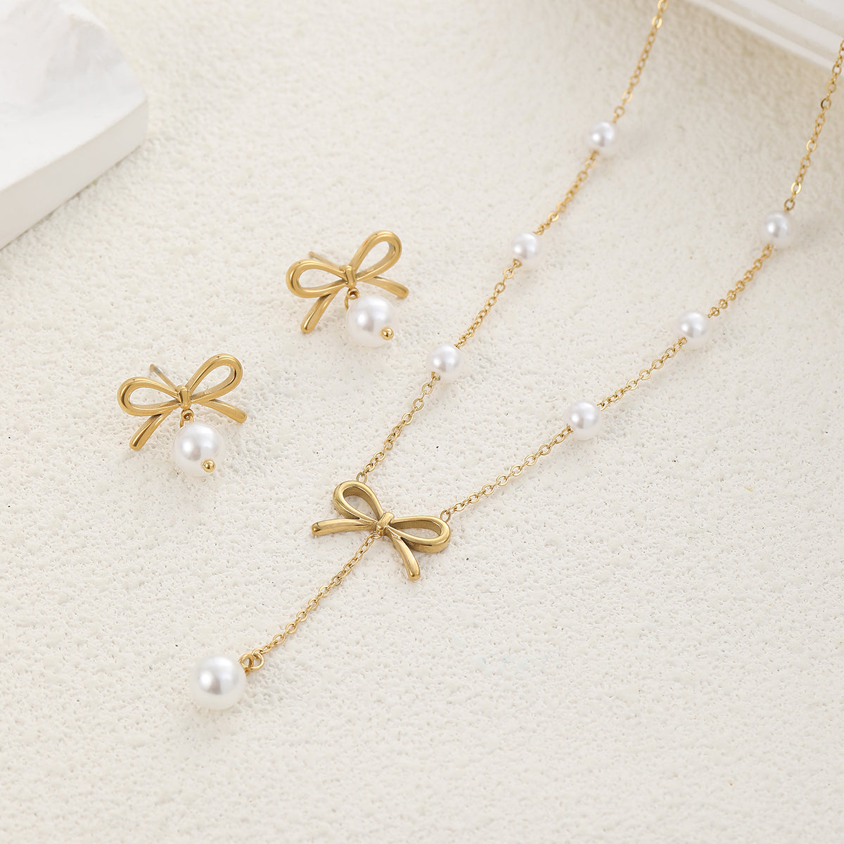 Ion Plating (IP) Bow Knot 304 Stainless Steel Classic Style Waterproof Non Tarnish Jewelry Set