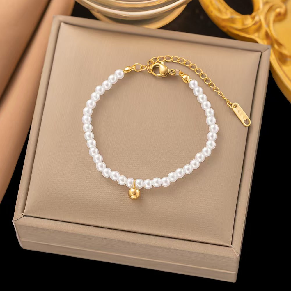 Round Waterproof Non Tarnish Jewelry Set for Women with 18K Gold Plated 304 Stainless Steel, Pearl Inlay, PVD Coated Chain