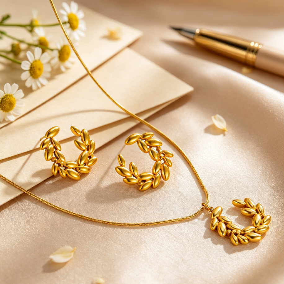 Grain Waterproof Non Tarnish Jewelry Set for Women, 304 Stainless Steel with 18K Real Gold Plated PVD Coated Snake Chain