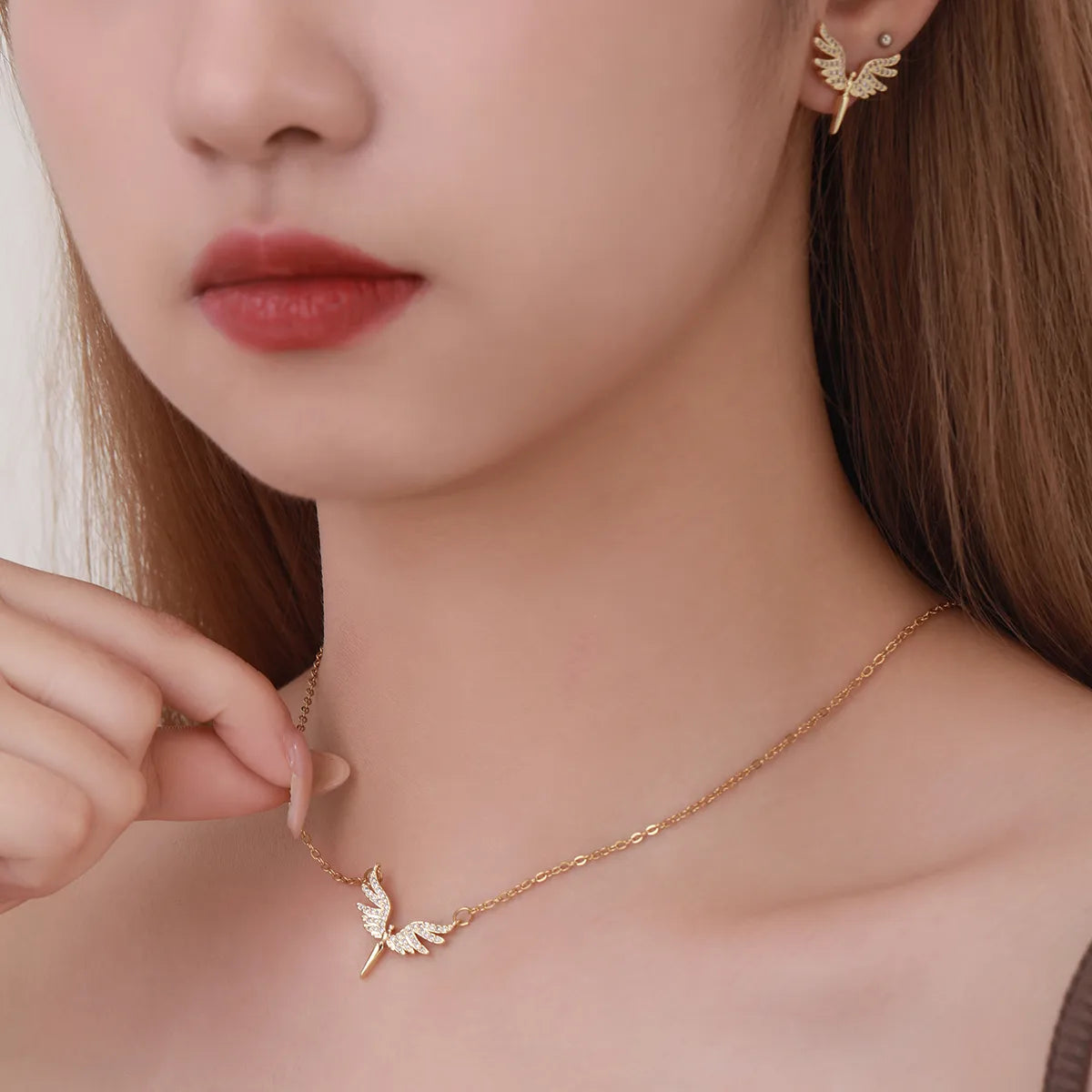 Ion Plating (IP) Angel Wings 304 Stainless Steel Classic Style Waterproof Non Tarnish Jewelry Set