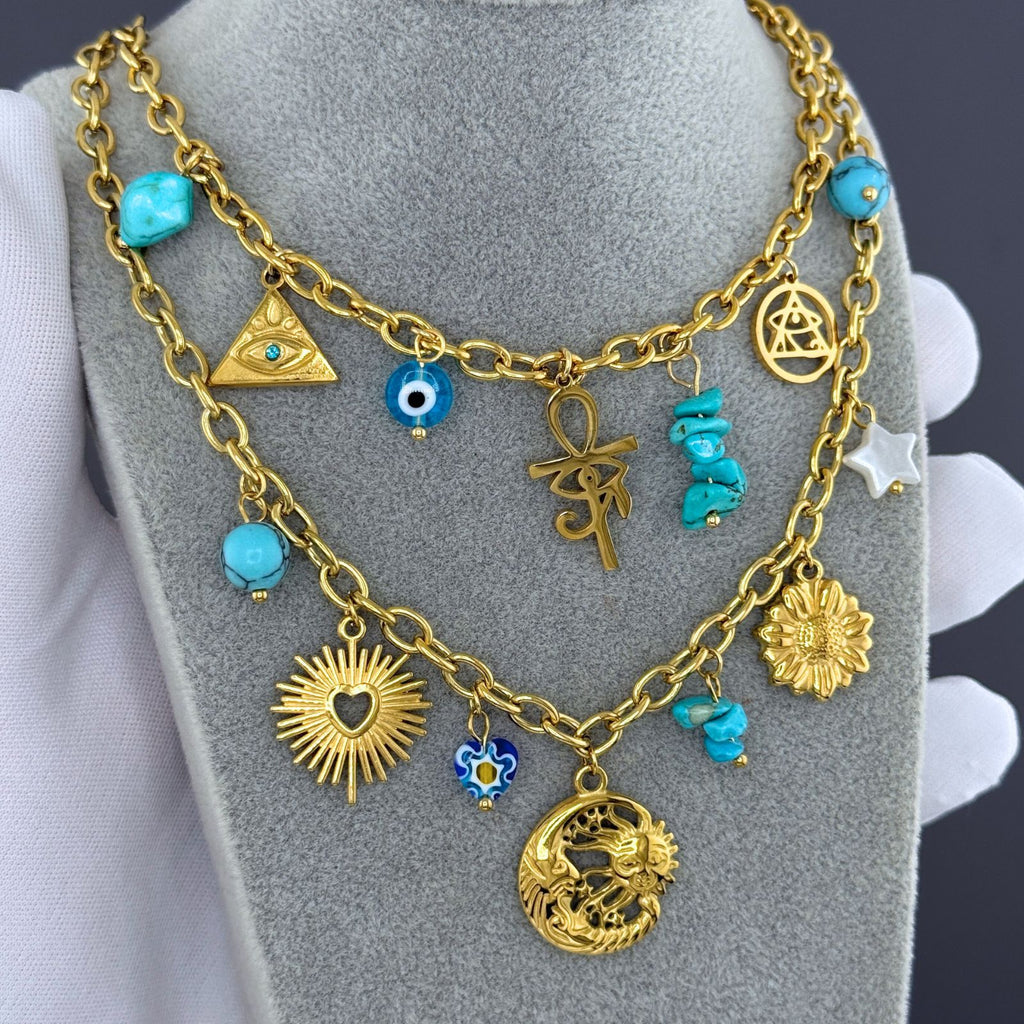Crescent And Sun Necklace, 18K Gold Plated Steel