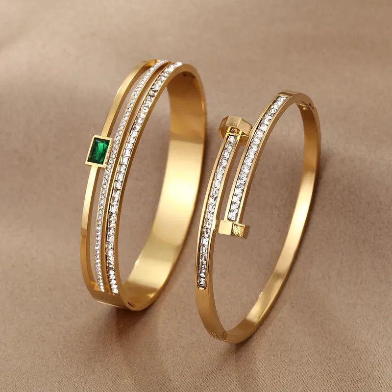 For Women Simple Style Waterproof Non Tarnish Bangle with Electroplated Gold Plating and Zirconia Inlay