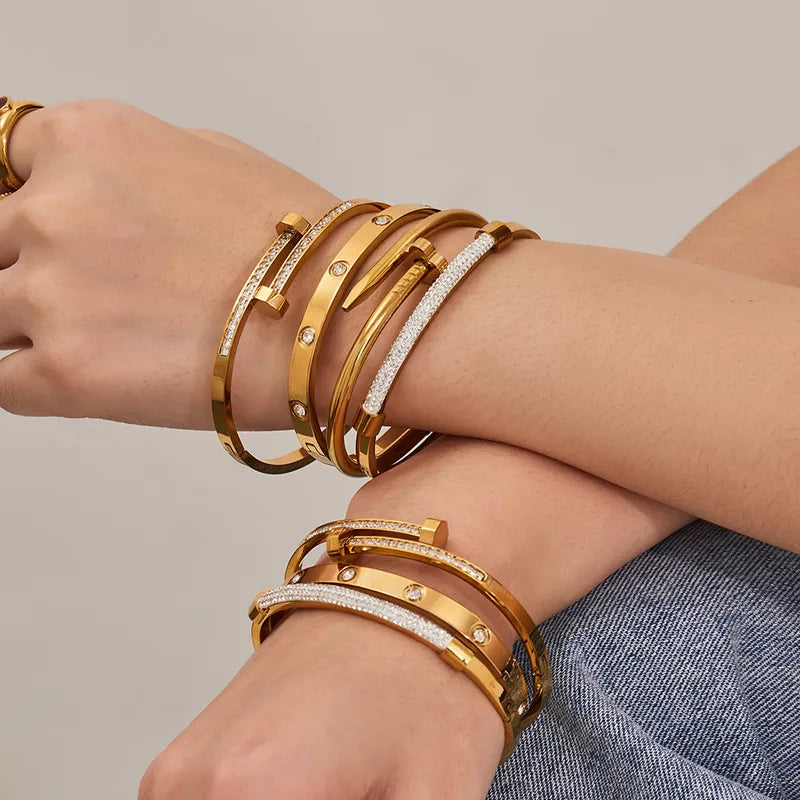 Geometric Bangle For Women, Waterproof Non Tarnish 304 Stainless Steel With 18K Gold Plated And Zircon Inlay