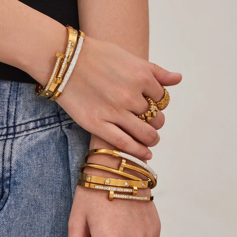 Geometric Bangle For Women, Waterproof Non Tarnish 304 Stainless Steel With 18K Gold Plated And Zircon Inlay