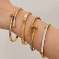 Geometric Bangle For Women, Waterproof Non Tarnish 304 Stainless Steel With 18K Gold Plated And Zircon Inlay