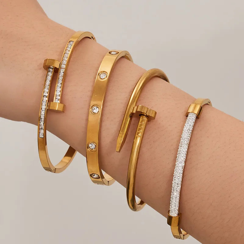 Geometric Bangle For Women, Waterproof Non Tarnish 304 Stainless Steel With 18K Gold Plated And Zircon Inlay