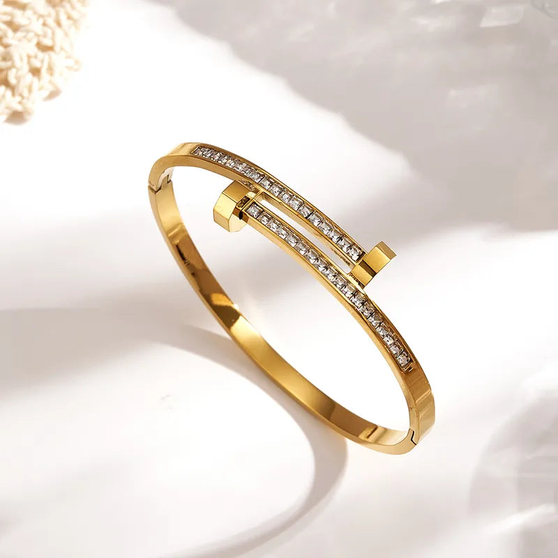 Hot-Selling Fashion Jewelry 304 Stainless Steel Furnace Electroplated Rhinestone Round Stud Openable INS Style Polished Bracelet 18K Gold Plated Jewelry Rhinestone Jewelry
