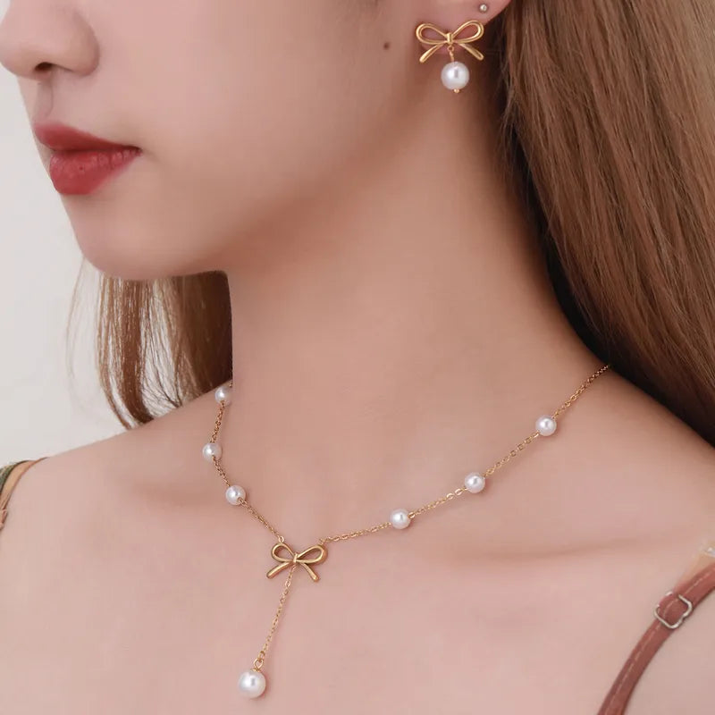 Ion Plating (IP) Bow Knot 304 Stainless Steel Classic Style Waterproof Non Tarnish Jewelry Set