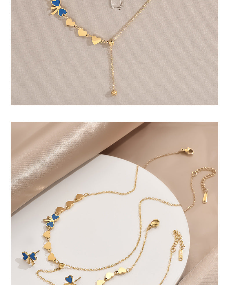 Real Gold Plated Heart Shape Bow Knot Titanium Steel Sweet IG Style Waterproof Non Tarnish Jewelry Set