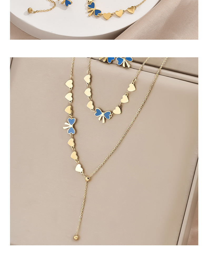 Real Gold Plated Heart Shape Bow Knot Titanium Steel Sweet IG Style Waterproof Non Tarnish Jewelry Set