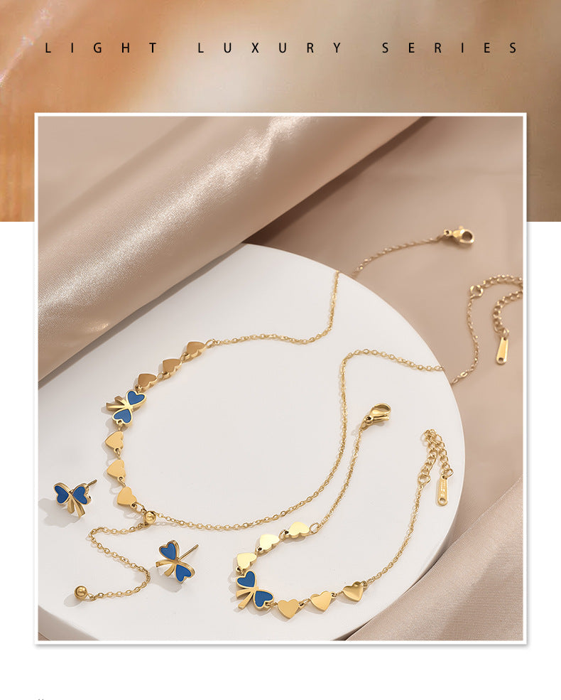 Real Gold Plated Heart Shape Bow Knot Titanium Steel Sweet IG Style Waterproof Non Tarnish Jewelry Set