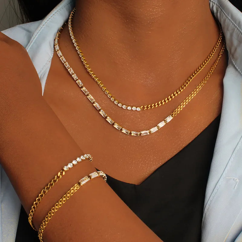 PVD Coated 18K Gold Real Gold Plated Rectangle 304 Stainless Steel Casual Waterproof Non Tarnish Jewelry Set