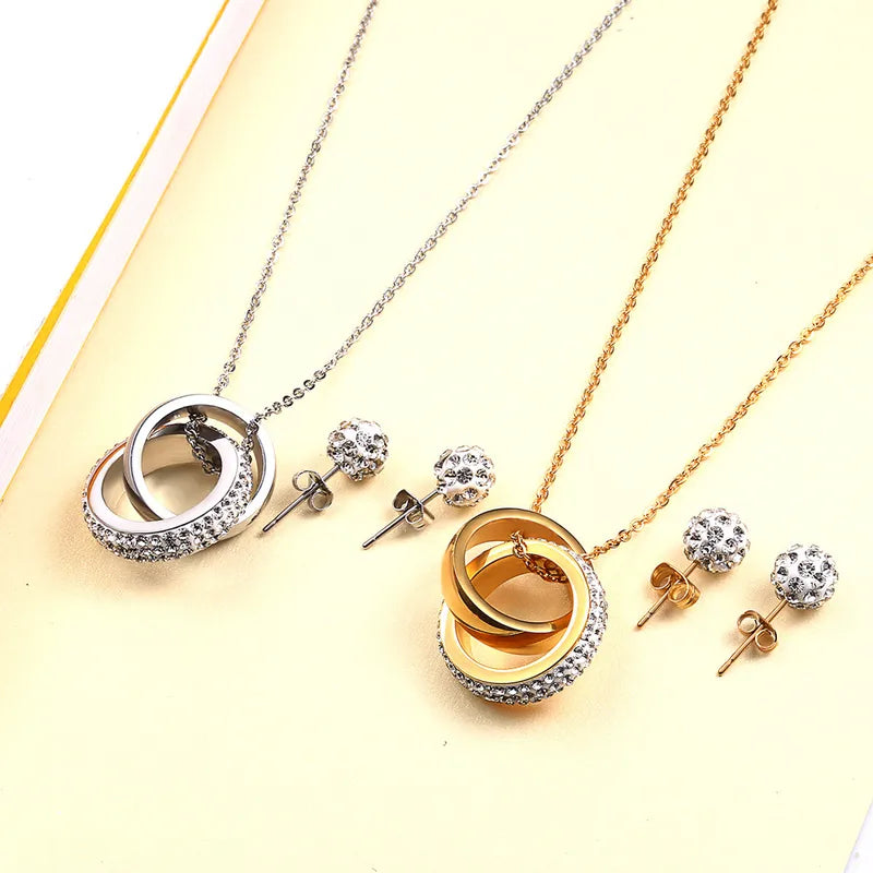 Vacuum Plating Real Gold Plated Double Ring 304 Stainless Steel Simple Style Shiny Waterproof Non Tarnish Jewelry Set