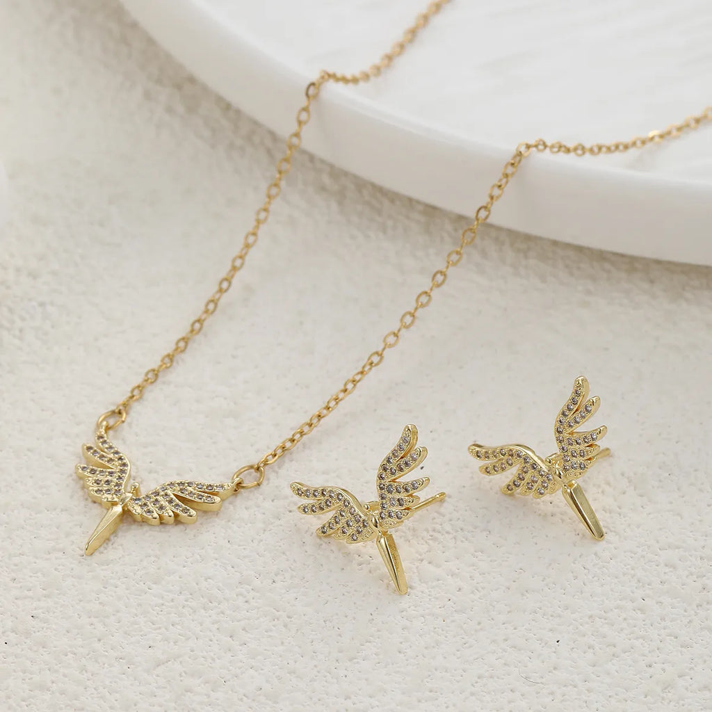 Ion Plating (IP) Angel Wings 304 Stainless Steel Classic Style Waterproof Non Tarnish Jewelry Set