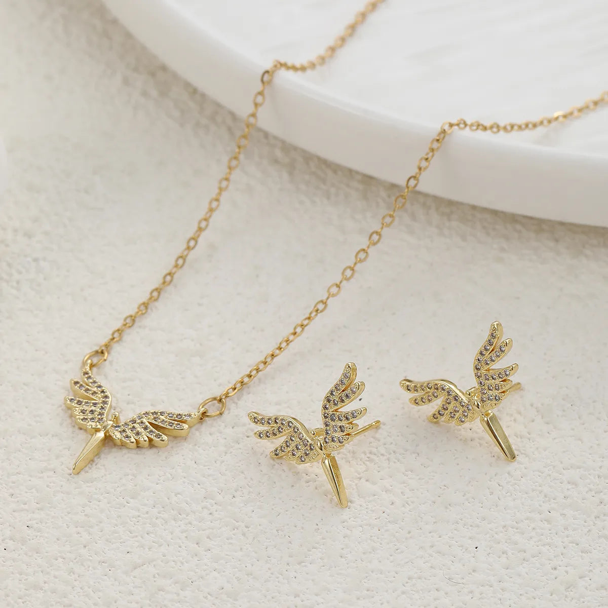 Ion Plating (IP) Angel Wings 304 Stainless Steel Classic Style Waterproof Non Tarnish Jewelry Set
