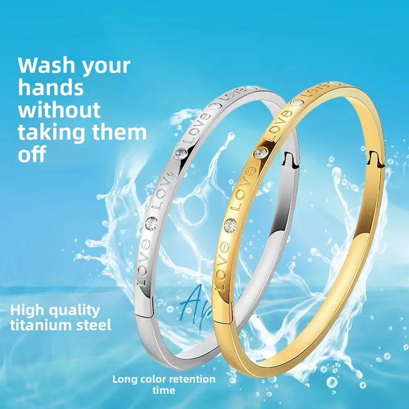Waterproof Non Tarnish Titanium Steel Bangle for Women in Steel Color with Rhinestones Inlay