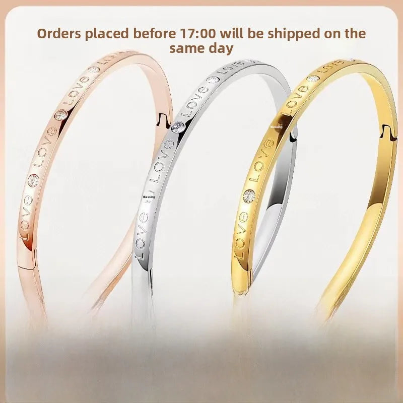 Waterproof Non Tarnish Titanium Steel Bangle for Women in Steel Color with Rhinestones Inlay
