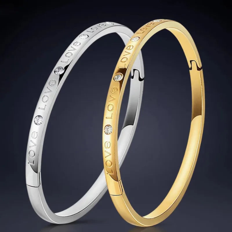 Waterproof Non Tarnish Titanium Steel Bangle for Women in Steel Color with Rhinestones Inlay
