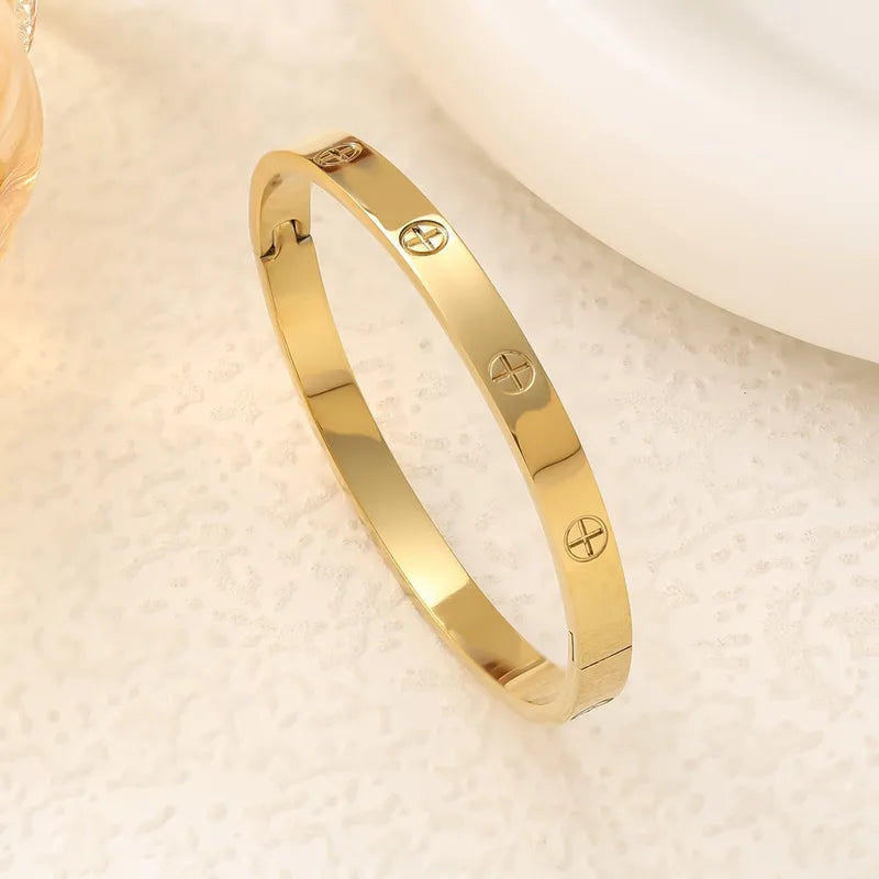 Women’s Cross Bangle, SUS304 Stainless Steel with 18K Gold Plating, Waterproof Non Tarnish, 0.03-0.05µm Thickness