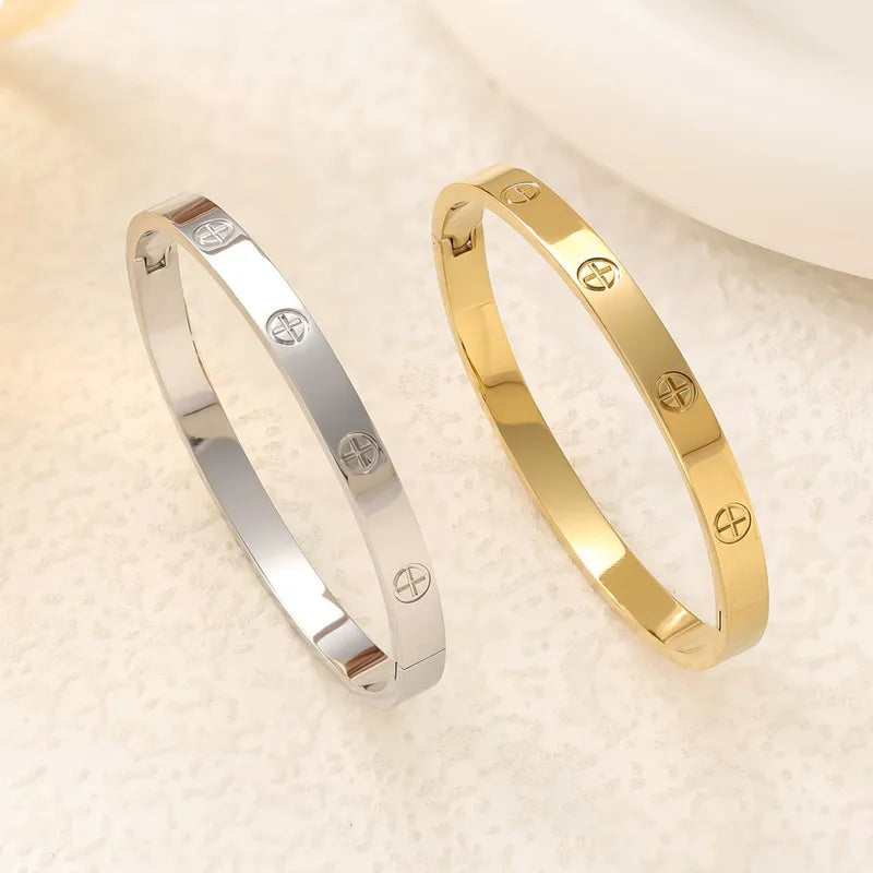 Women’s Cross Bangle, SUS304 Stainless Steel with 18K Gold Plating, Waterproof Non Tarnish, 0.03-0.05µm Thickness