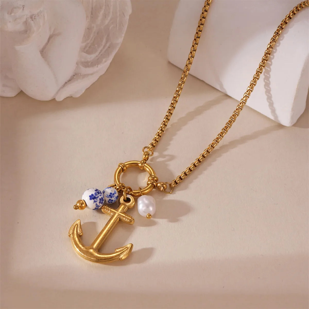 Ion Plating (IP) 18K Gold Plated Hook Compass Anchor 304 Stainless Steel Casual Retro Waterproof Non Tarnish 304 Stainless Steel Pendant Necklace