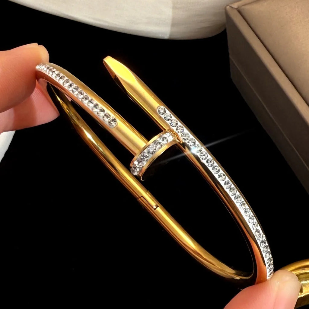 Bangle In Titanium Steel With 18K Real Gold Plated PVD Coating And Zircon Inlay