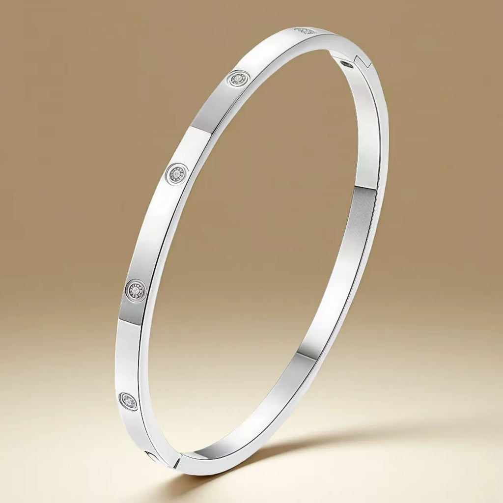 Waterproof Non Tarnish Titanium Steel Bangle for Women in Steel Color with Rhinestones Inlay