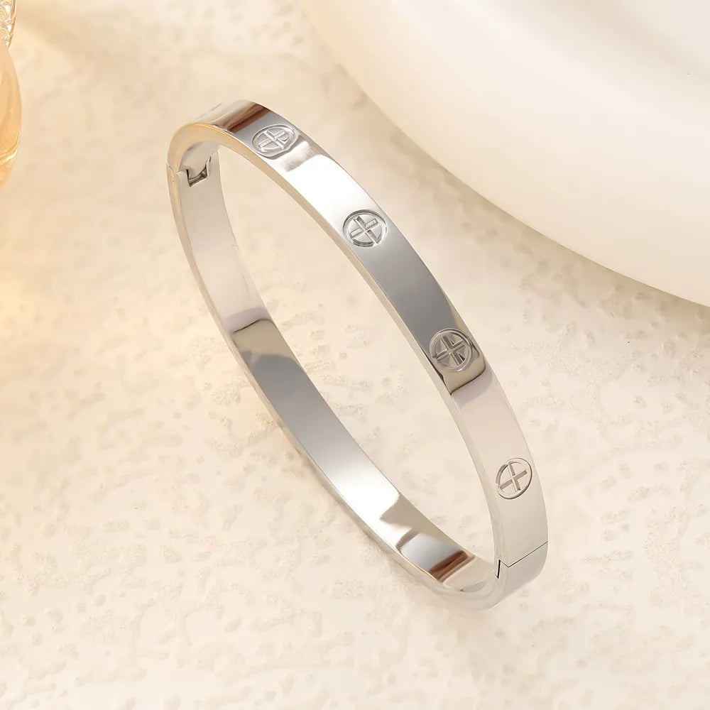 Women’s Cross Bangle, SUS304 Stainless Steel with 18K Gold Plating, Waterproof Non Tarnish, 0.03-0.05µm Thickness