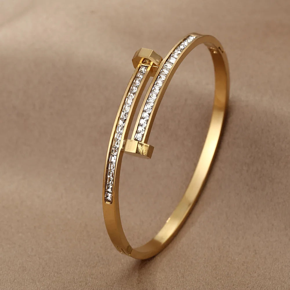 For Women Simple Style Waterproof Non Tarnish Bangle with Electroplated Gold Plating and Zirconia Inlay